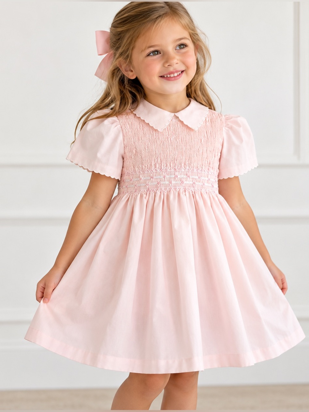 Vintage Baby Togs | Palest Pink Smocked Dress, Scalloped Collar & Bow | Size 4